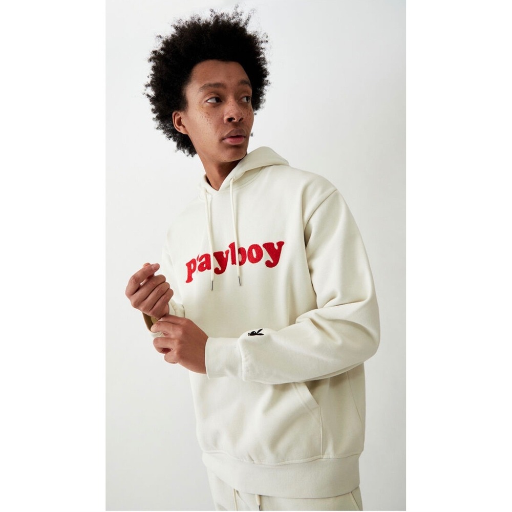 Playboy by PacSun Mens Cream Hoodie Red Logo Fleece Sweatshirt Medium